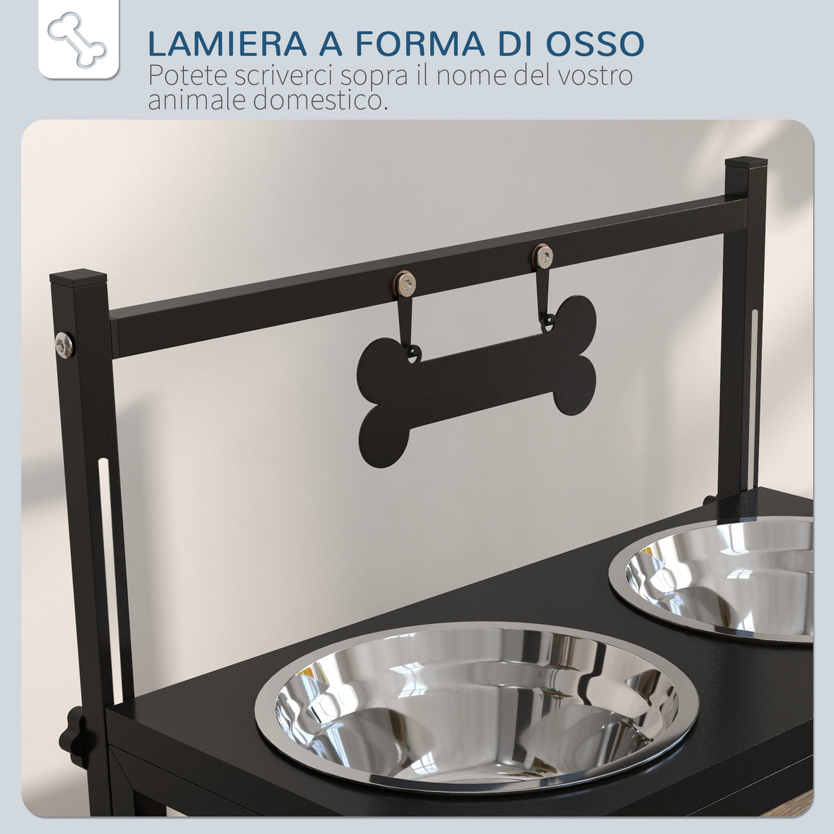 Portaciotole per Cani Rialzata con Altezza Regolabile, 2 Ciotole in Acciaio da 900ml, Nero