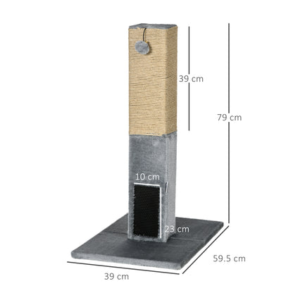 Albero Tiragraffi per Gatti con 2 Palline Giocattolo e Spazzola, in Legno, Iuta e Peluche, 59.5x39x79 cm, Grigio