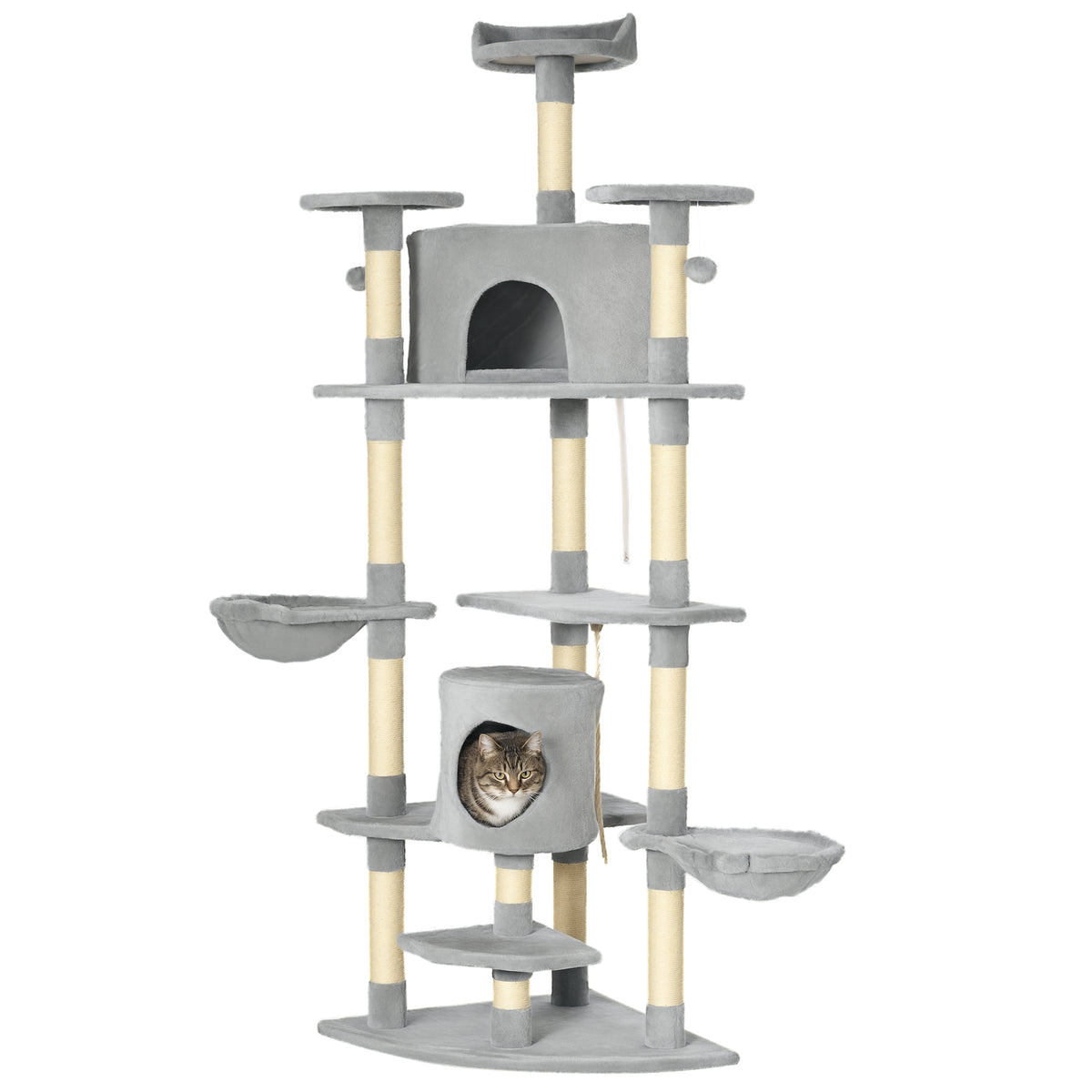 Albero Tiragraffi per Gatti Alto con Casette e Amache, 60x60x200cm, Grigio Chiaro