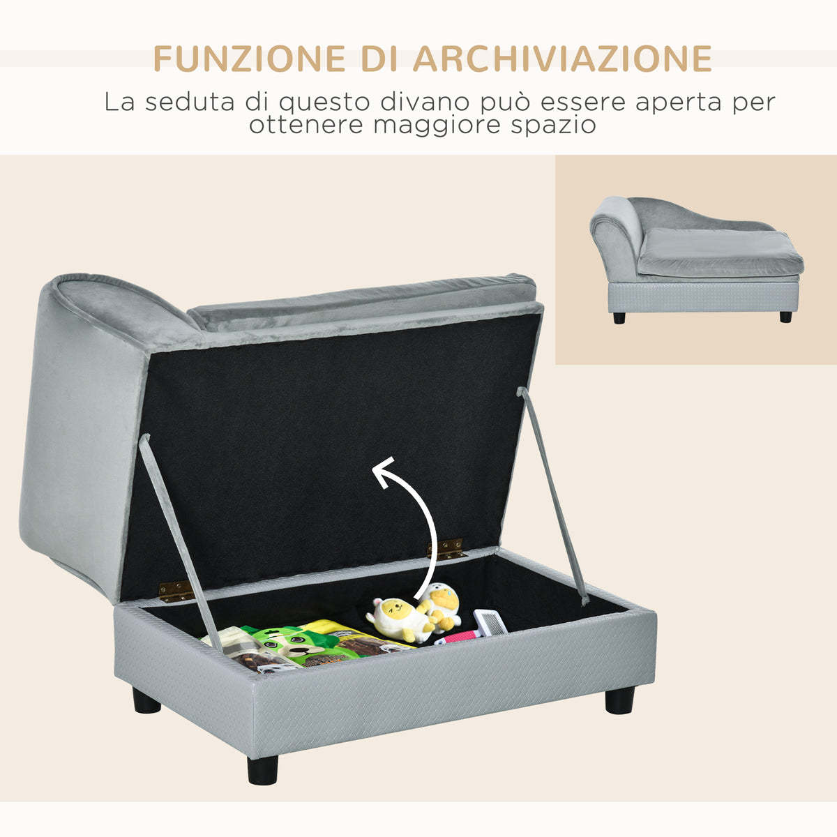 Divano per Cani con Spazio Portaoggetti e Cuscino, in Legno e Poliestere, 76x45x43 cm, Grigio Chiaro