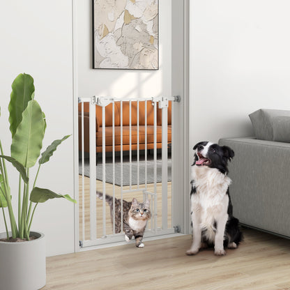 Cancelletto per Cani con Porta Piccola, Montaggio a Pressione e Chiusura Automatica, 74-80x91.4cm, Bianco
