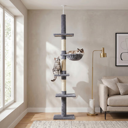Albero Tiragraffi a 4 Livelli ad Altezza Regolabile, in Truciolato, Peluche e Sisal, 40x34x230-260 cm, Grigio