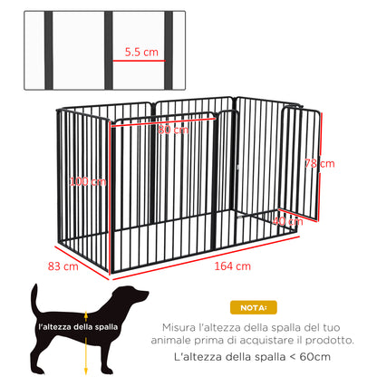 Recinto per Cani Grandi a 6 Pannelli Modulabili in Acciaio, 164x83x100 cm, Nero