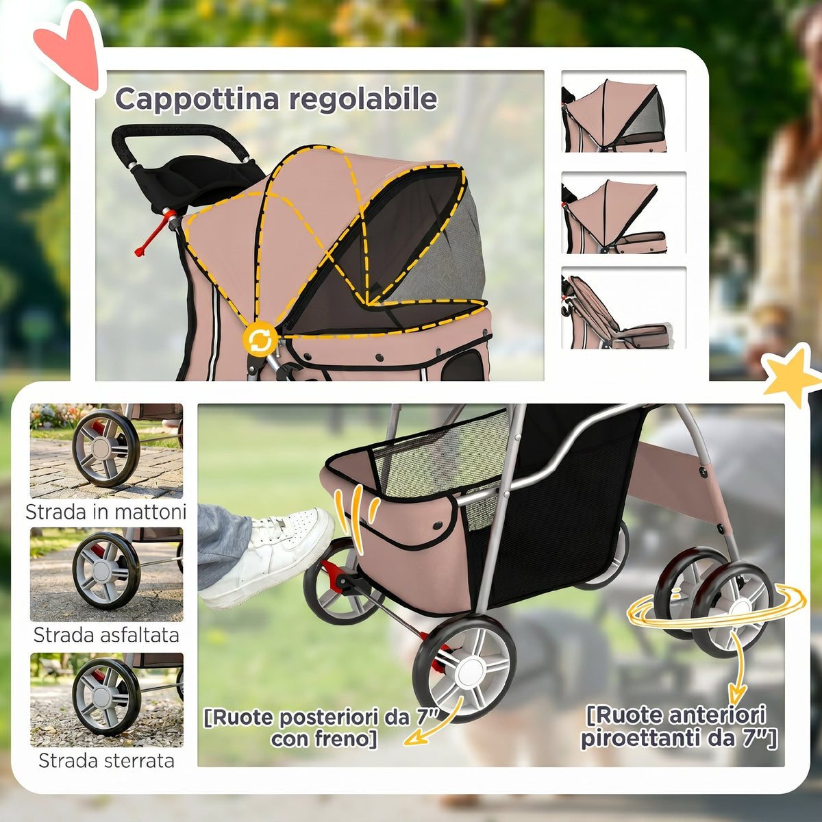 Passeggino per Cani Pieghevole con Catarifrangenti, Ruote Girevoli, Freni e Cuscino Lavabile, Caffè
