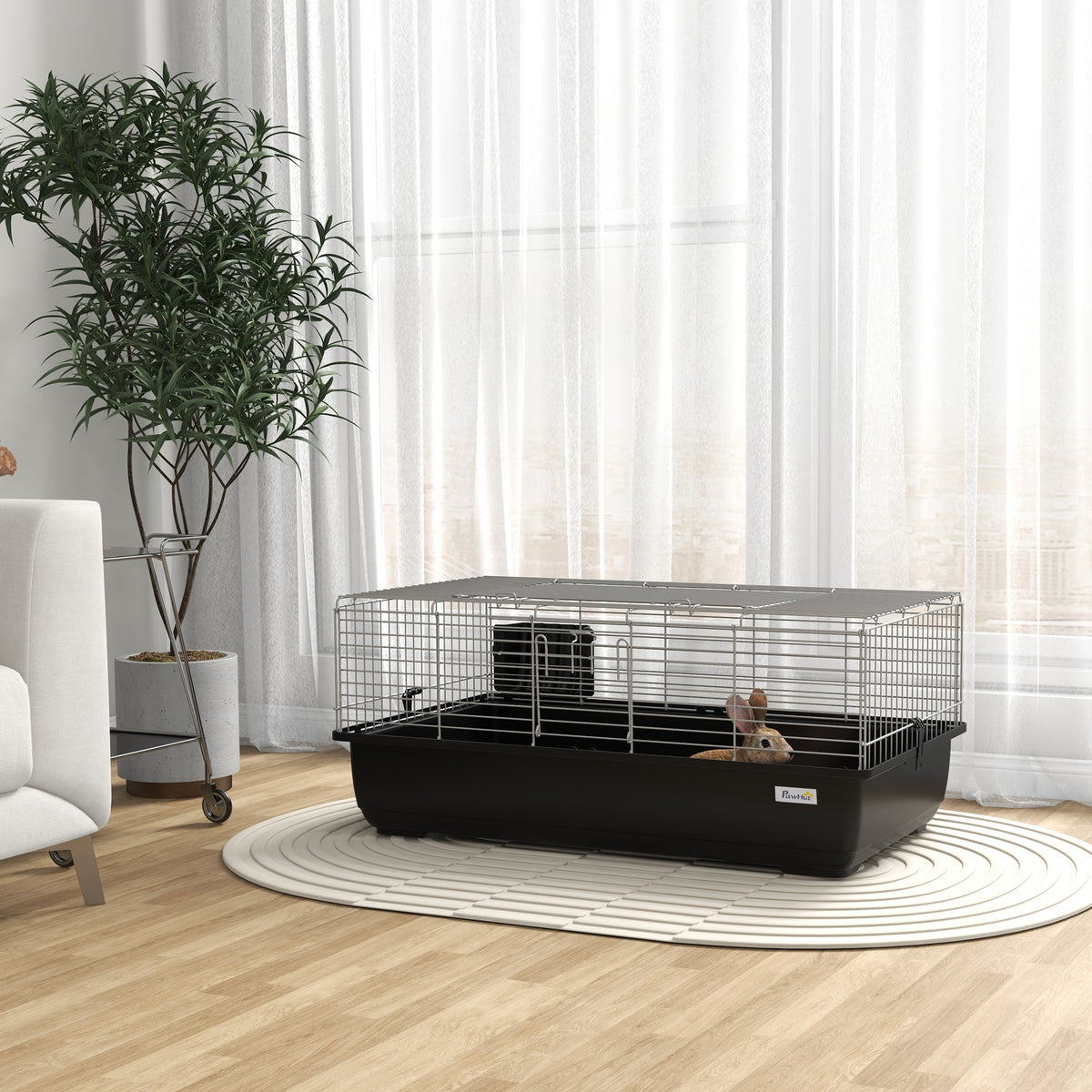 Gabbia per Conigli a 2 Porte con Vassoio Rimovibile, in Metallo e Plastica PP, 100x55x41 cm, Nero e Argento