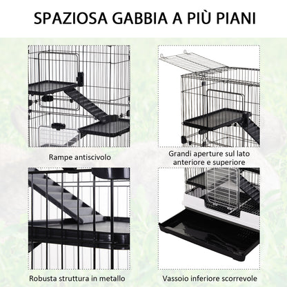 Gabbia a 3 Piani in Metallo con Vassoio per Roditori, Conigli e Furetti con 4 Ruote, 81.2x52.7x114cm, Nera