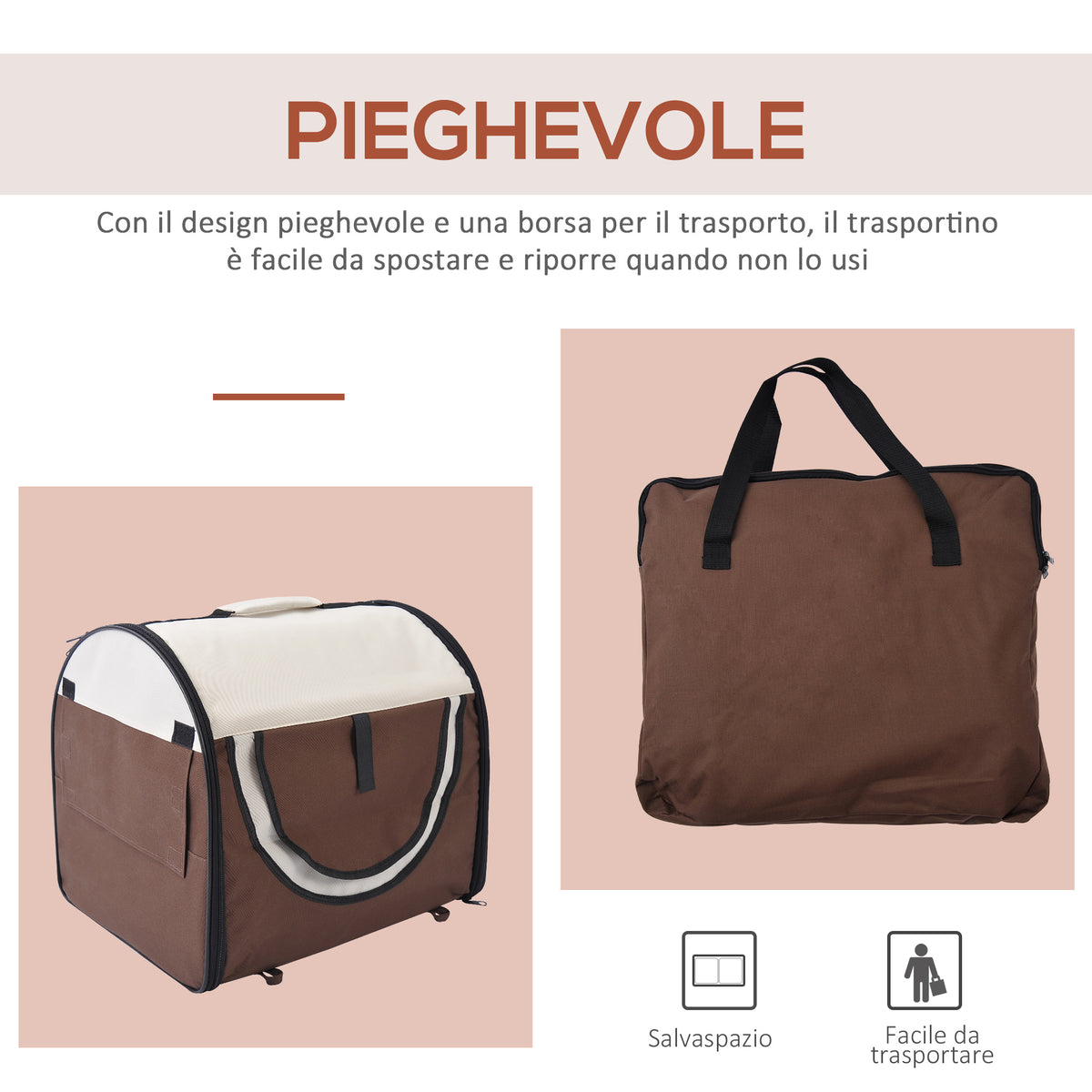 Trasportino per Cani e Gatti Pieghevole e Imbottito 61x46x51cm Caffè