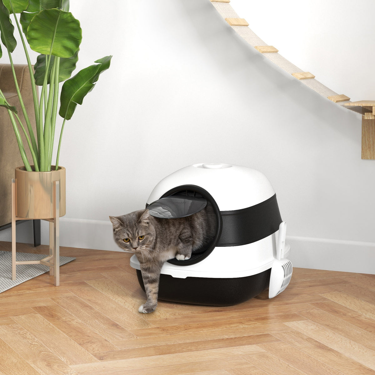 Lettiera per Gatti Chiusa con Coperchio, Paletta e Deodorante, Design Pieghevole, 52x41x38 cm, Bianca e Nera