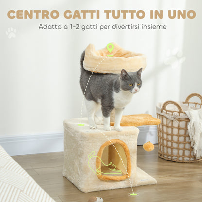 Albero Tiragraffi per Gatti con Posatoio e Casetta, in Legno, Peluche e Sisal, 40x30x72 cm, Beige e Giallo