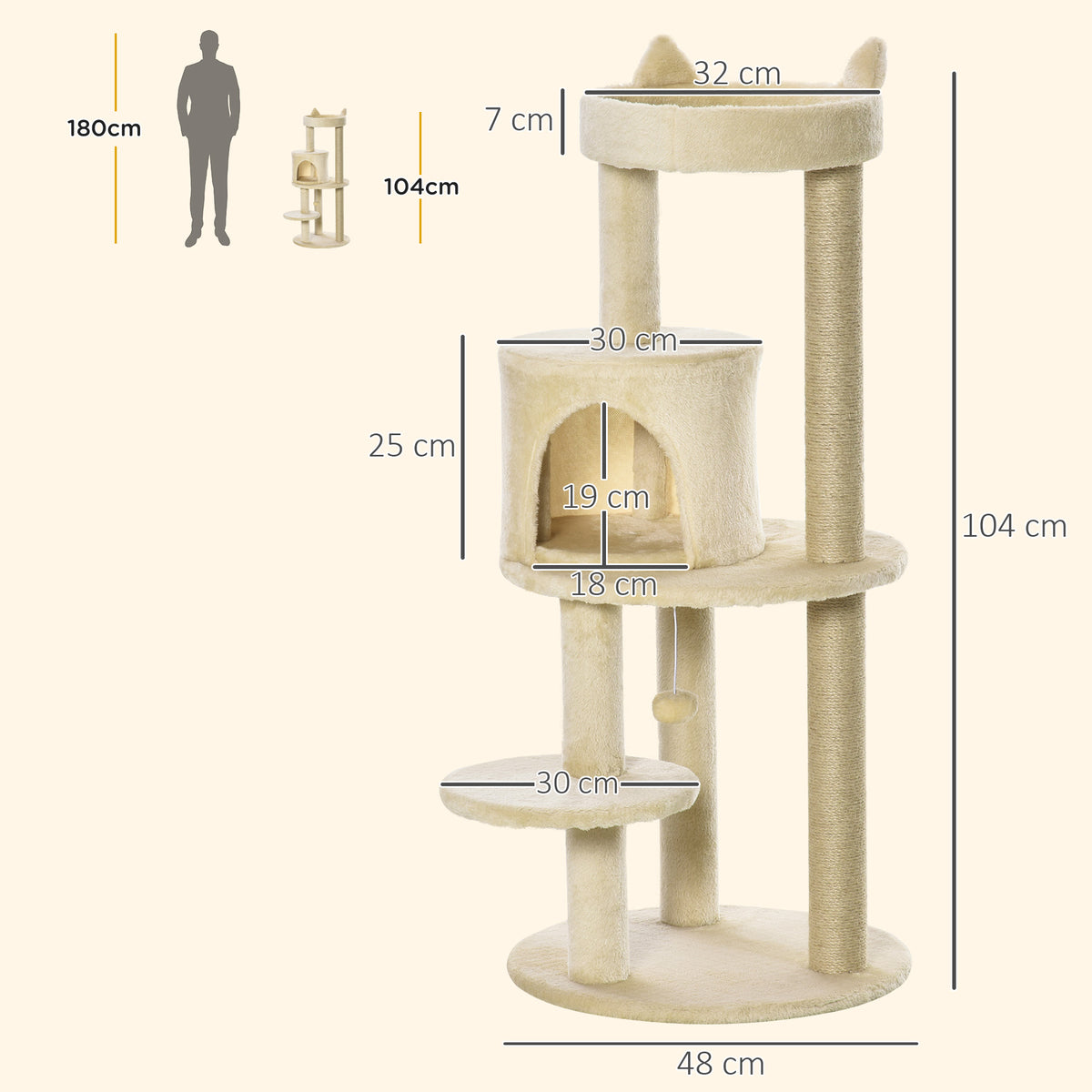 Albero Tiragraffi per Gatti Adulti con Cuccia Spaziosa e Piattaforma, 104 cm, Bianco Crema