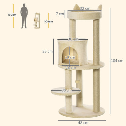 Albero Tiragraffi per Gatti Adulti con Cuccia Spaziosa e Piattaforma, 104 cm, Bianco Crema