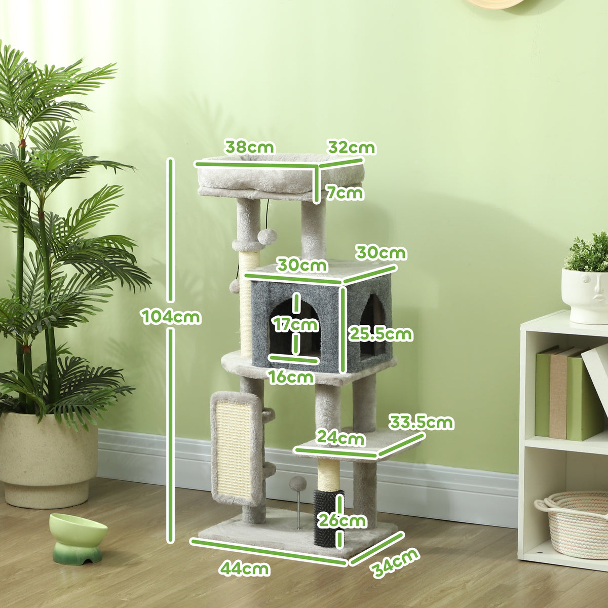 Albero per Gatti Multilivello Alto 104 cm con Casetta, Lettino, Pali Tiragraffi, Spazzola e Pallina, Grigio