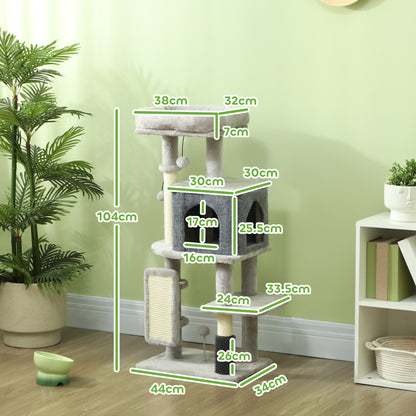 Albero per Gatti Multilivello Alto 104 cm con Casetta, Lettino, Pali Tiragraffi, Spazzola e Pallina, Grigio