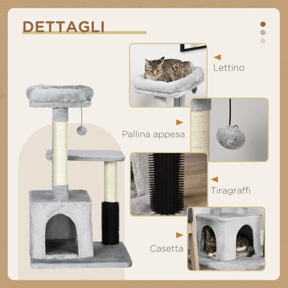 Albero Tiragraffi per Gatti Multilivello con Lettino e Casetta, Rivestimento in Peluche, Grigio