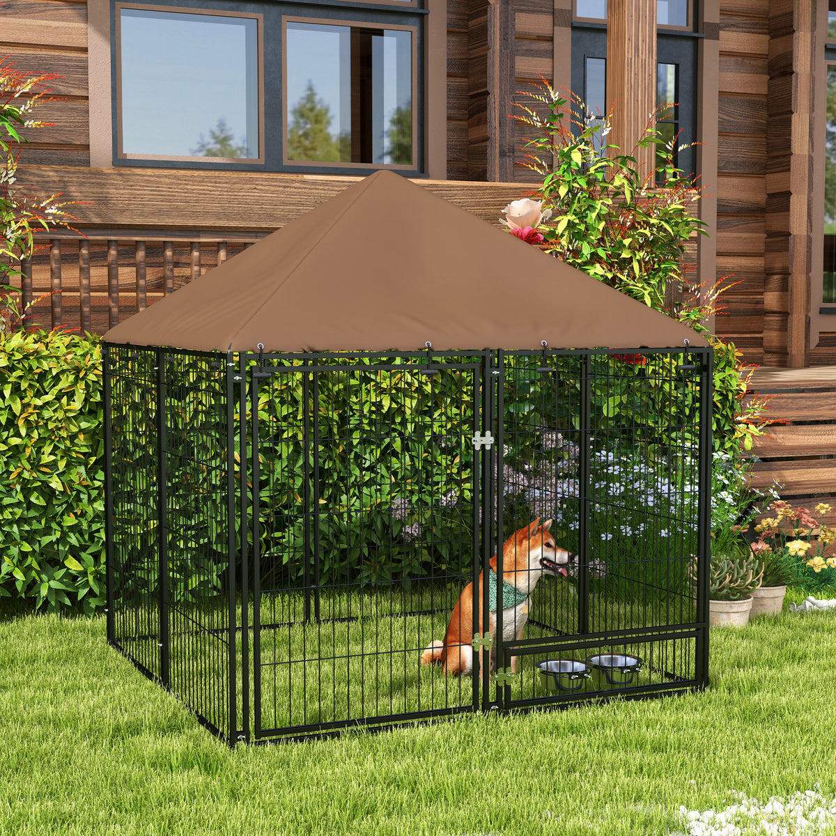 Recinto per Cani in Metallo e Tessuto Oxford con Porticina per Ciotole, 141x141x151 cm, Nero e Marrone