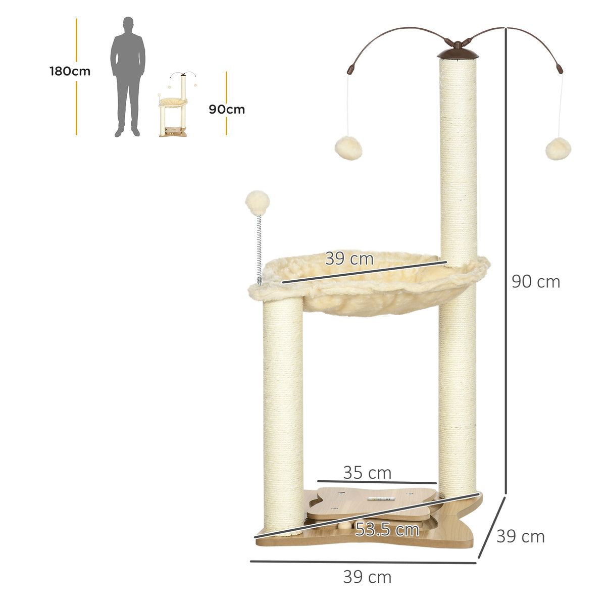 Albero Tiragraffi per Gatti max 5kg con Amaca, Palline da Gioco e Pali in Sisal, 53.5x53.5x90 cm, Beige