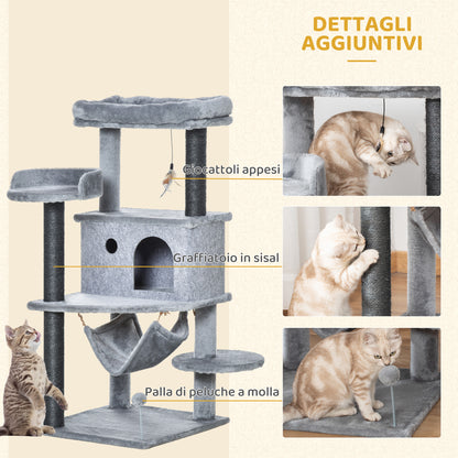 Albero Tiragraffi per Gatti con Palo, Casetta, Letto, Amaca e 2 Giochi in Legno e Peluche, 48x48x107 cm, Grigio