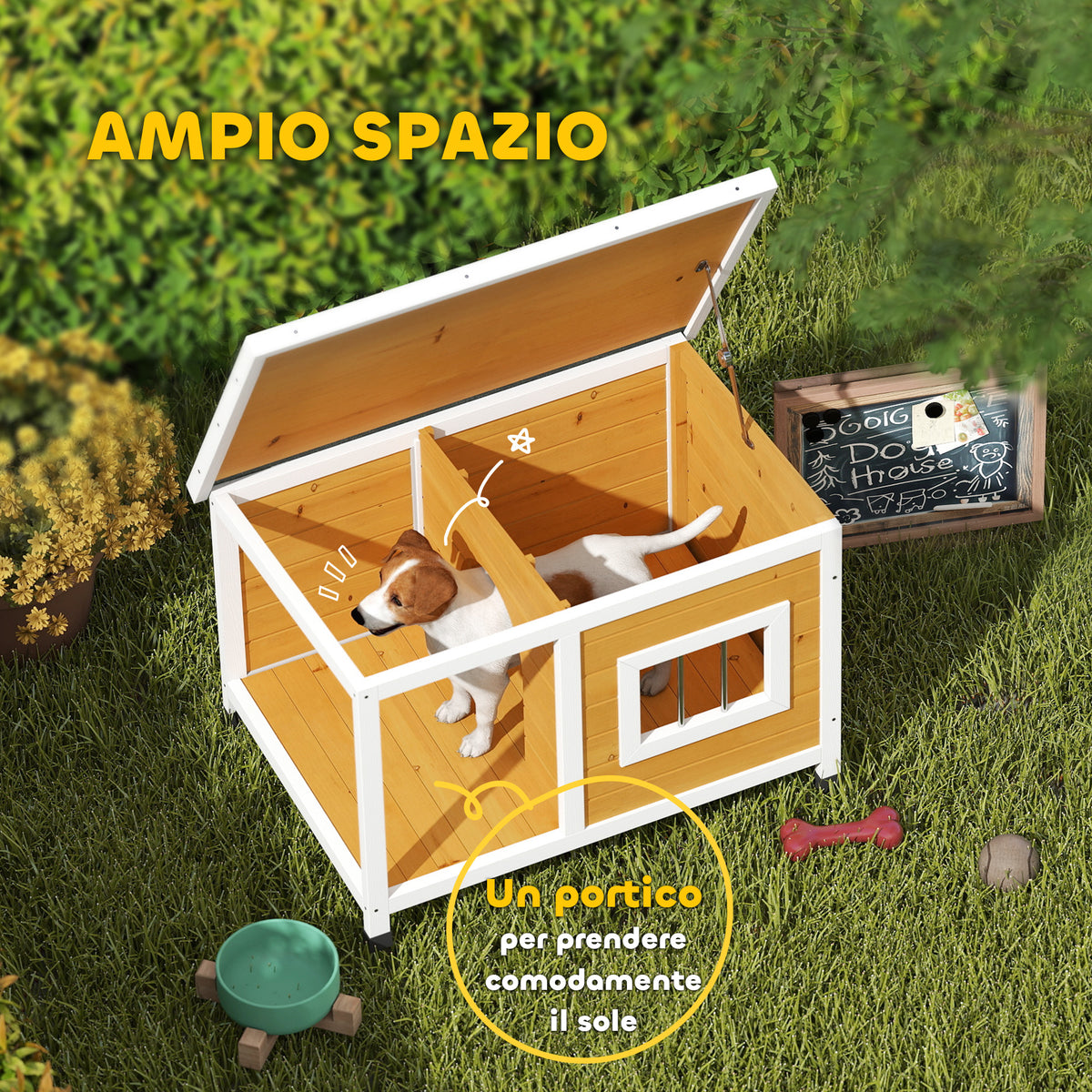 Cuccia per Cani da Esterno in Legno di Abete con Veranda Coperta e Tetto Inclinabile, 85.5x62x60 cm, Multicolore