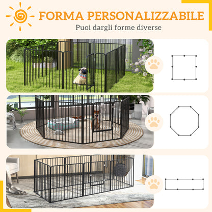 Box per Cani a 8 Pannelli Modulabili da Interno ed Esterno con 9 Picchetti, in Acciaio, 164x164x80 cm, Nero