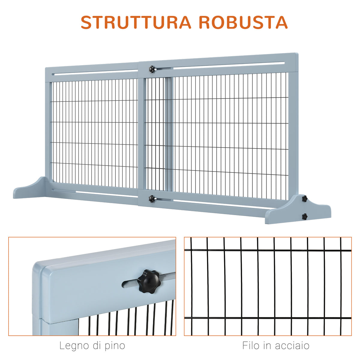 Cancellino per Cani Estensibile da Interno in Legno e Acciaio, 104-180x36x69cm, Blu-grigio