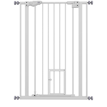 Cancellino per Cani Regolabile Alto con Porta Piccola e Chiusura Automatica, 74-80x104cm, Bianco