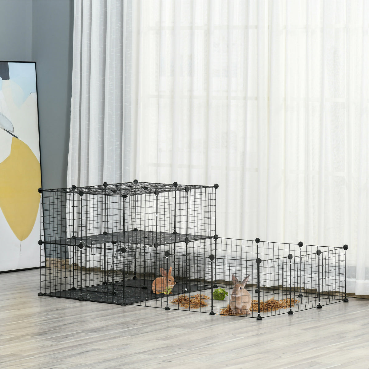 Recinto per Conigli Modulabile in Metallo con Scaletta e Accessori Montaggio, 175x105x70cm - Nero