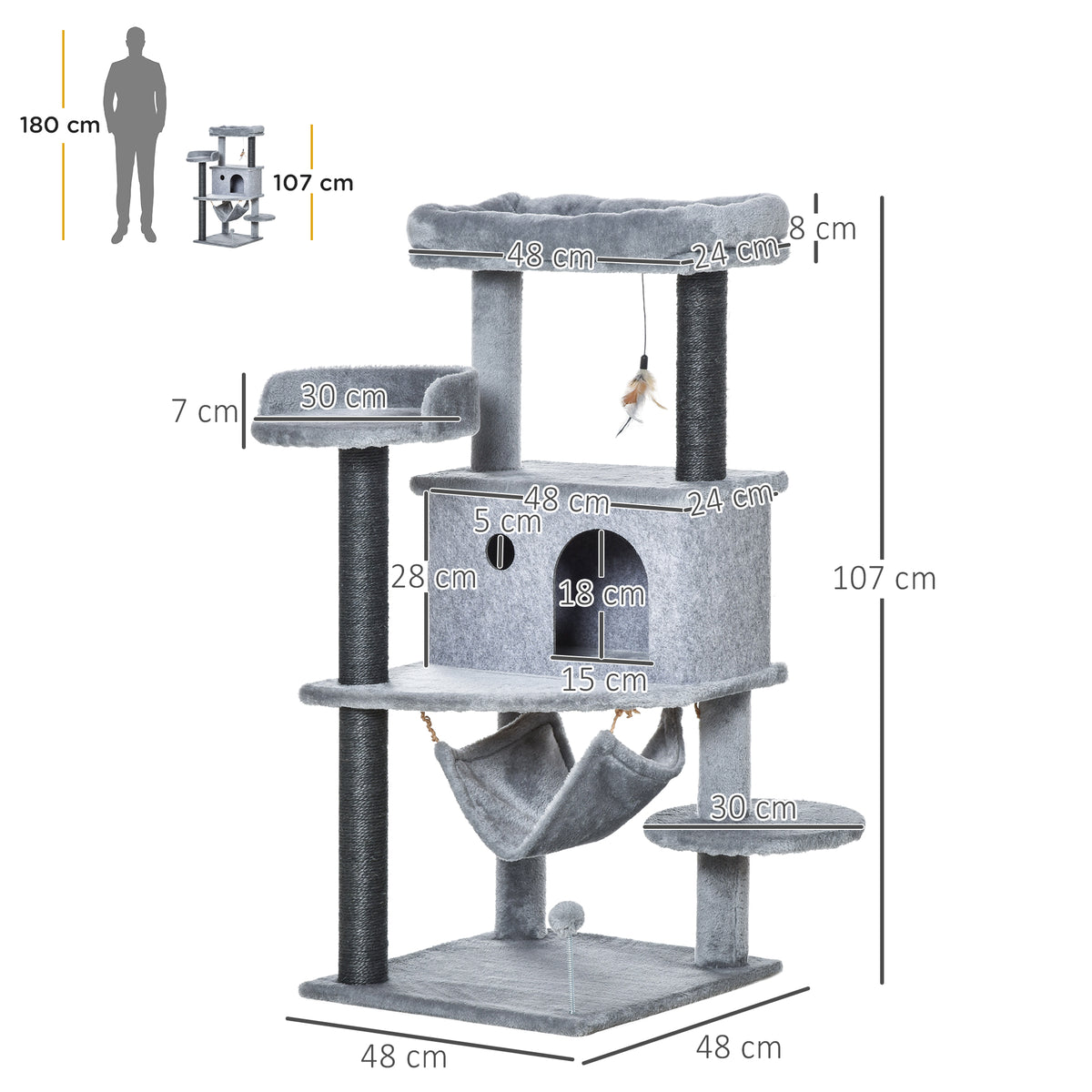Albero Tiragraffi per Gatti con Palo, Casetta, Letto, Amaca e 2 Giochi in Legno e Peluche, 48x48x107 cm, Grigio