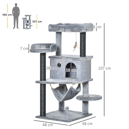 Albero Tiragraffi per Gatti con Palo, Casetta, Letto, Amaca e 2 Giochi in Legno e Peluche, 48x48x107 cm, Grigio