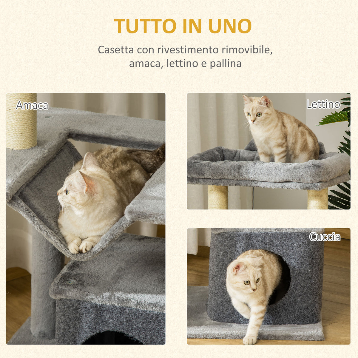 Albero Tiragraffi con Corde Sisal, Casetta e Amaca, Rivestimento Peluche e Feltro, Altezza 100cm, Grigio