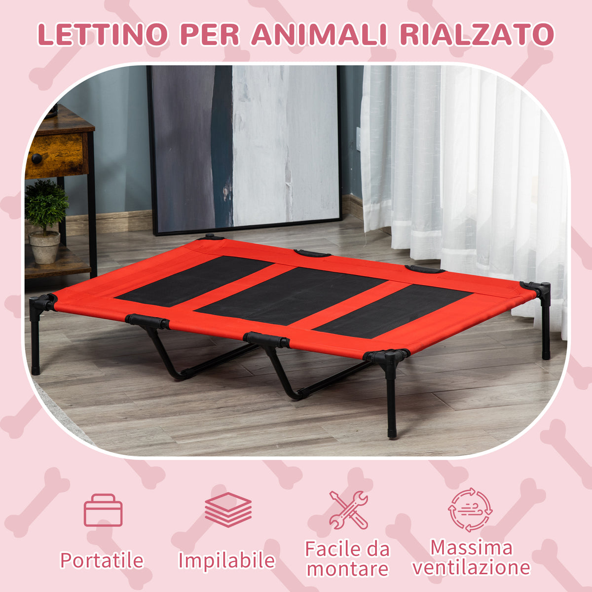 Lettino per Cani 50kg max Rialzato con Borsa da Viaggio, in Metallo e Tessuto Oxford, 122x92x23 cm, Rosso