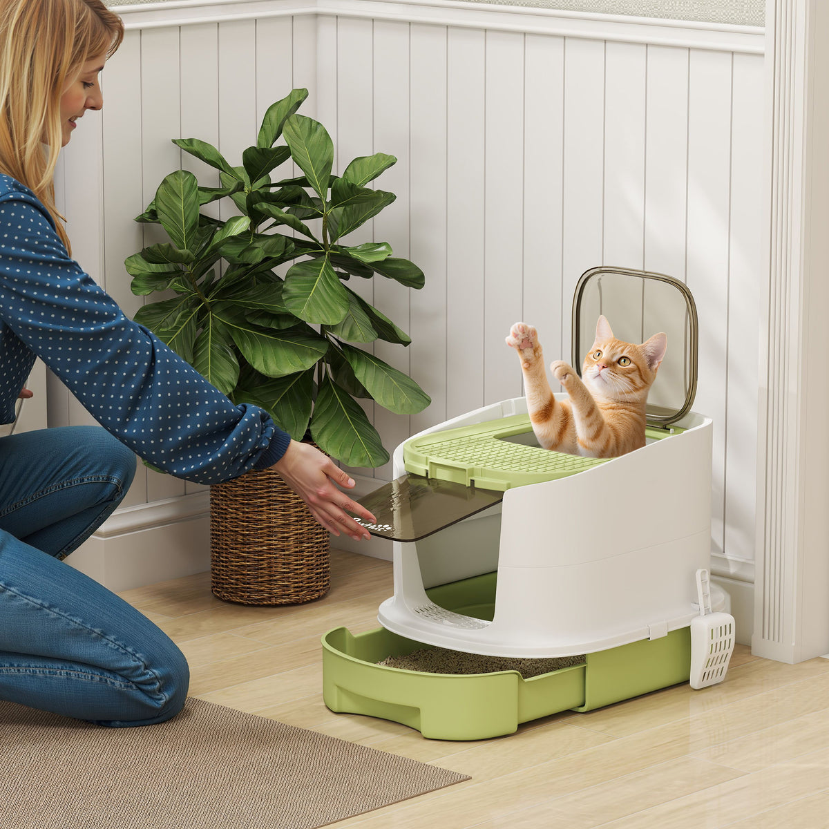 Lettiera per Gatti Chiusa con 2 Porte, Vassoio Estraibile, Paletta e Deodorante, in PP, 40.5x52.5x42.5 cm, Verde